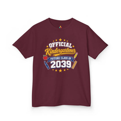 Maroon TEEZOCA Future Class of 2039 kids shirt with Official Kindergartener lettering, a keepsake back to school tee.
