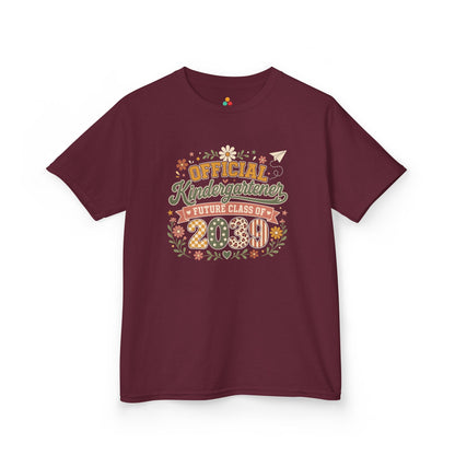 Maroon TEEZOCA Future Class of 2039 kids shirt with boho Official Kindergartener lettering, a keepsake back to school tee.
