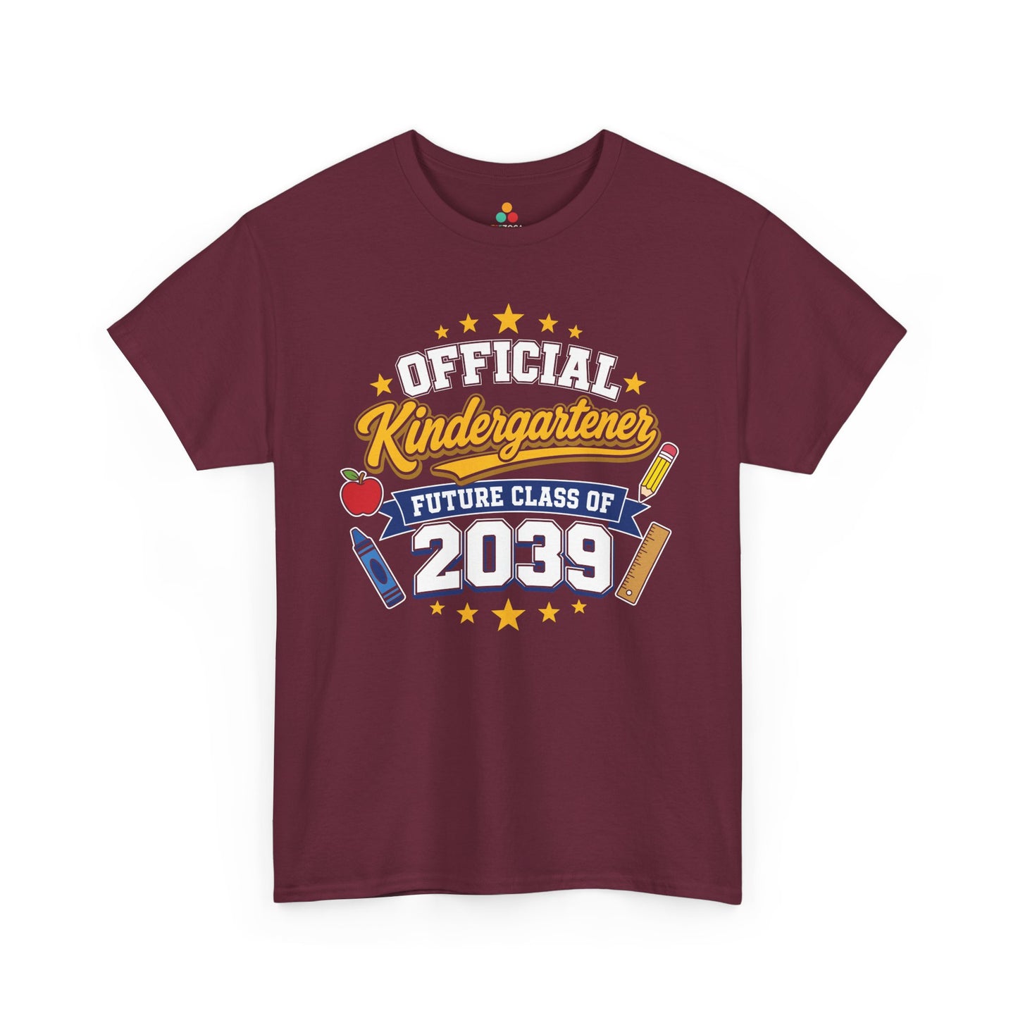 Maroon TEEZOCA Future Class of 2039 shirt with Official Kindergartener lettering, a keepsake back to school tee for the new school year.
