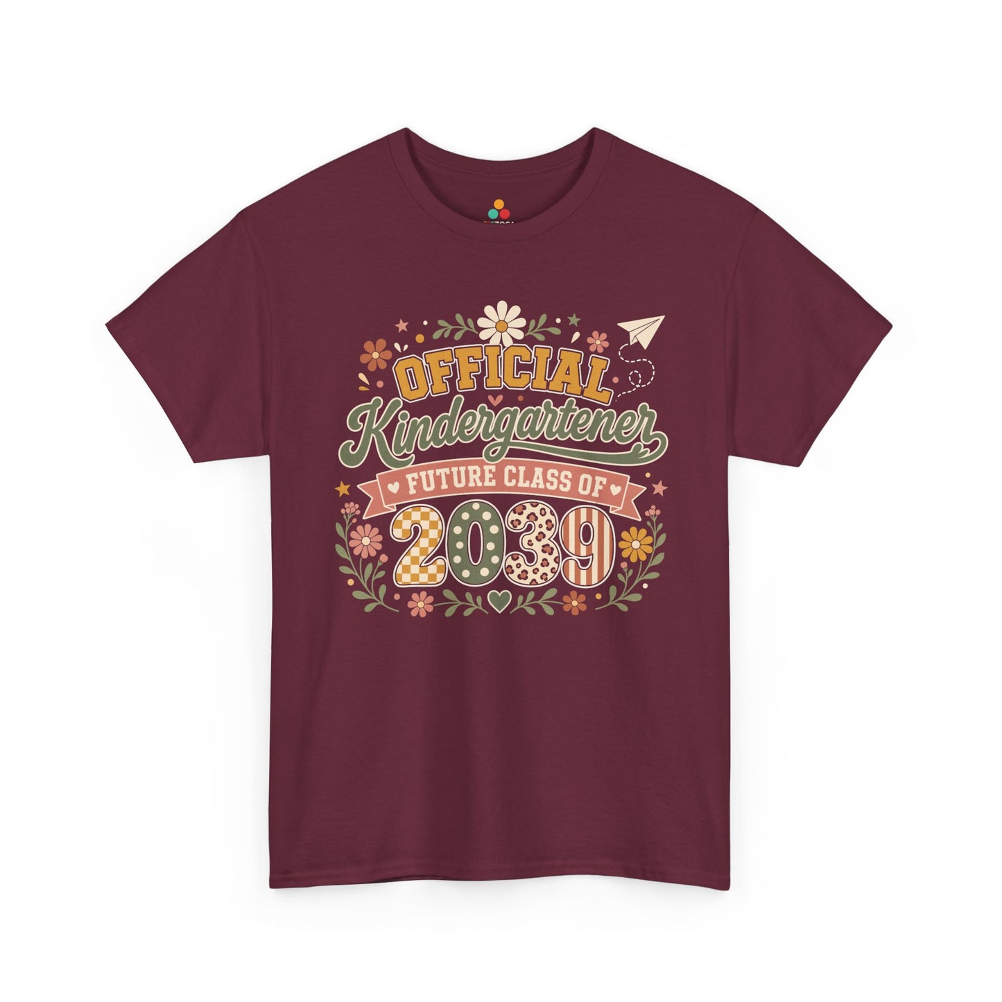 Maroon TEEZOCA Future Class of 2039 shirt with boho Official Kindergartener lettering, a keepsake back to school tee for the new school year.
