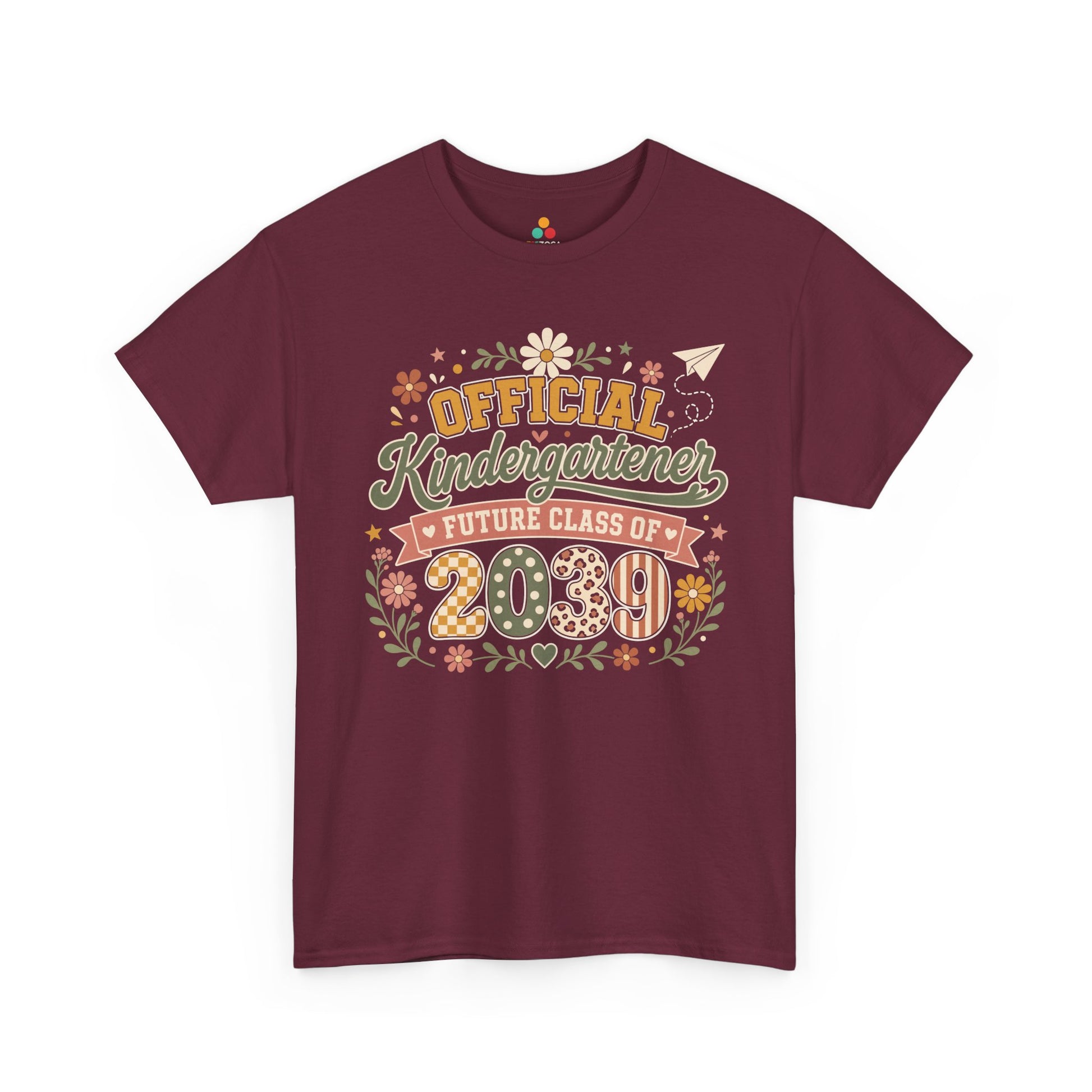 Maroon TEEZOCA Future Class of 2039 shirt with boho Official Kindergartener lettering, a keepsake back to school tee for the new school year.
