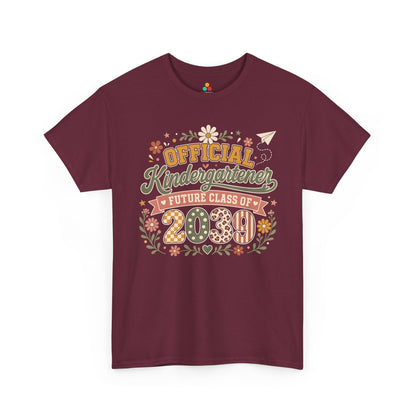 Maroon TEEZOCA Future Class of 2039 shirt with boho Official Kindergartener lettering, a keepsake back to school tee for the new school year.

