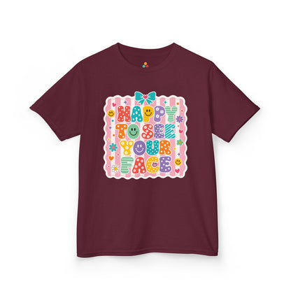Maroon TEEZOCA Happy to See Your Face coquette kids shirt with a bow design, a cute back to school tee.
