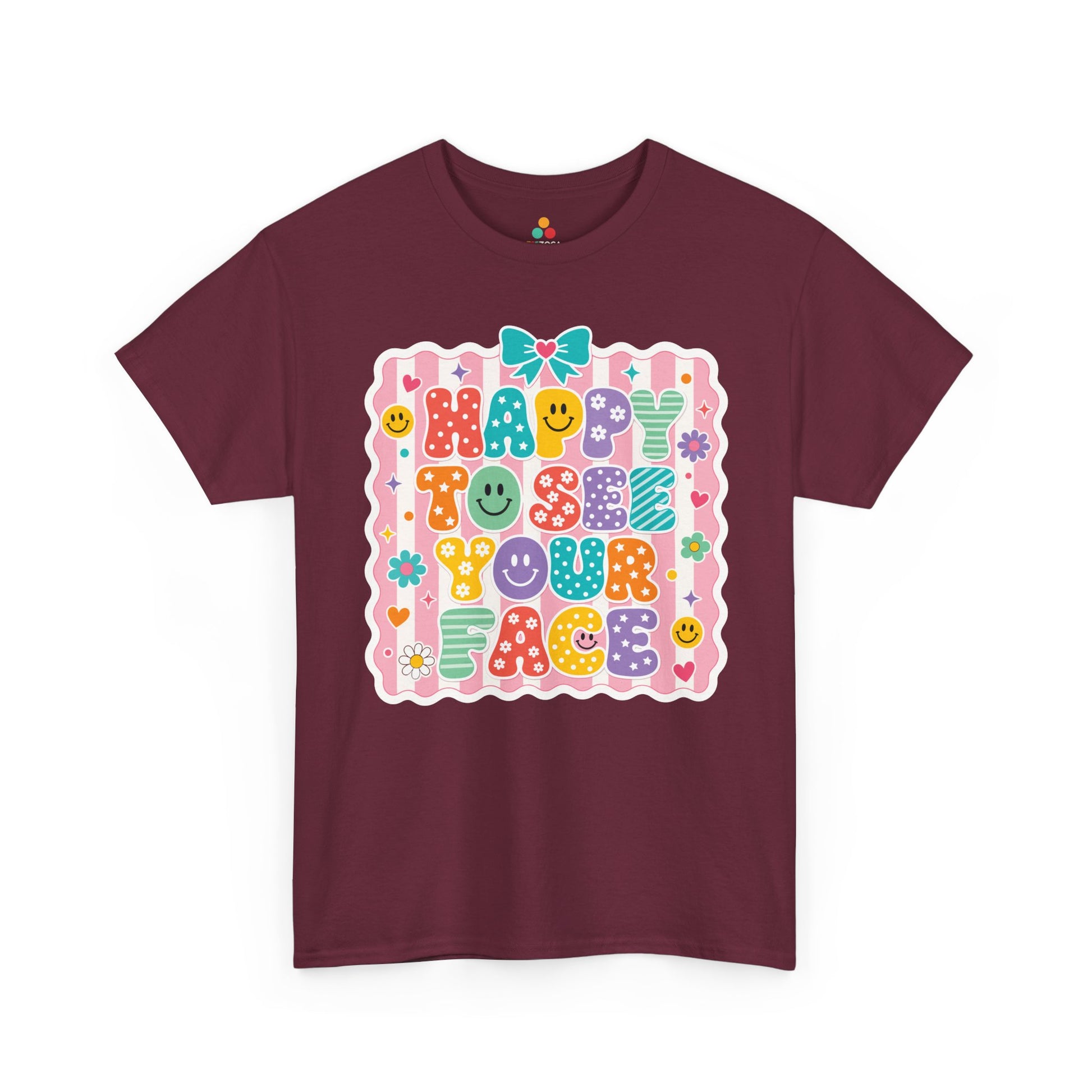 Maroon TEEZOCA Happy to See Your Face coquette shirt with a bow design, a cute teacher back to school tee for the new school year.
