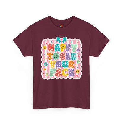 Maroon TEEZOCA Happy to See Your Face coquette shirt with a bow design, a cute teacher back to school tee for the new school year.
