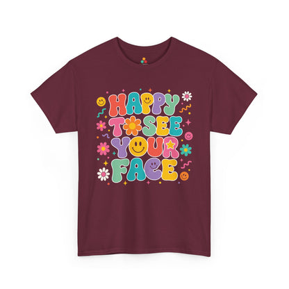 Maroon TEEZOCA Happy to See Your Face groovy shirt with retro lettering, a cute teacher back to school tee for the new school year.
