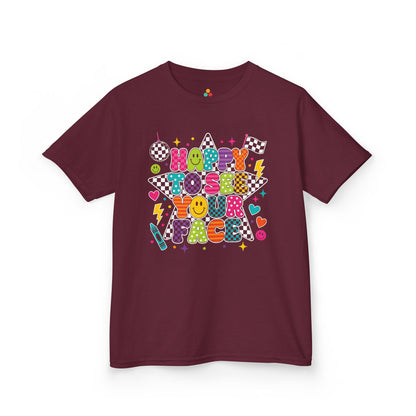 Maroon TEEZOCA Happy to See Your Face kids shirt with colorful patterned lettering, a cute back to school tee.
