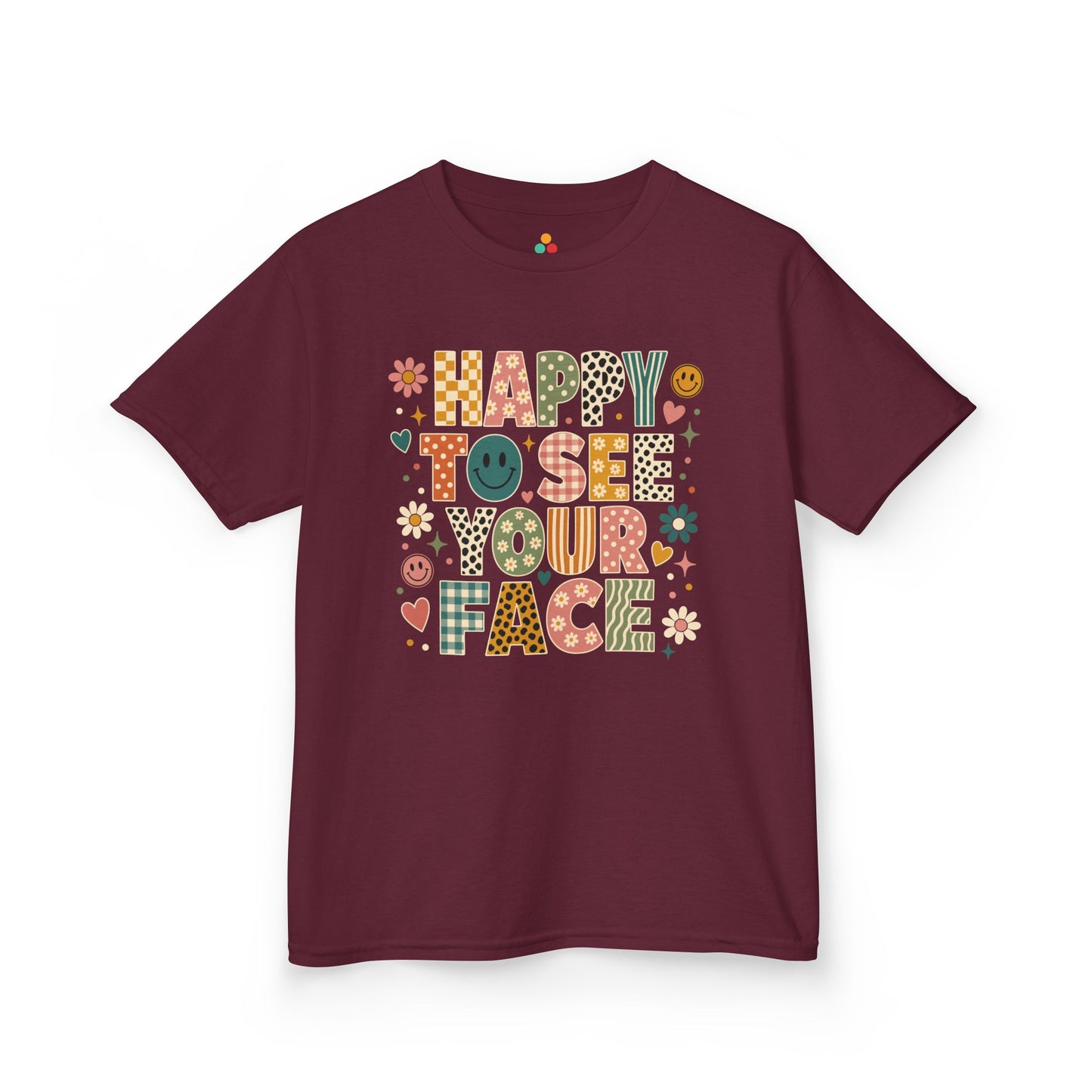 Maroon TEEZOCA Happy to See Your Face retro kids shirt, the kind of cute back to school tee parents find on Amazon and Etsy.
