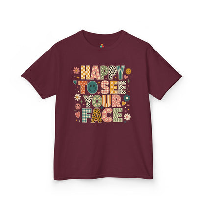 Maroon TEEZOCA Happy to See Your Face retro kids shirt, the kind of cute back to school tee parents find on Amazon and Etsy.
