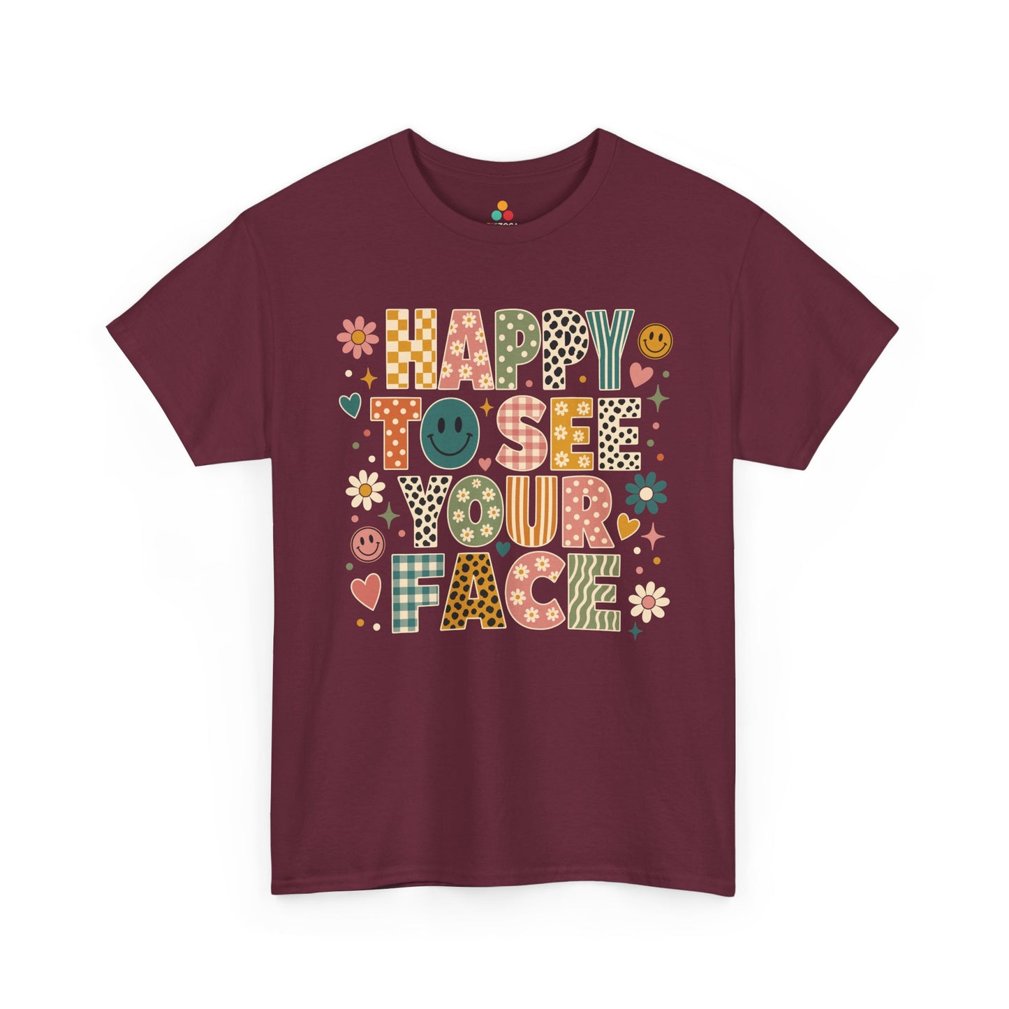 Maroon TEEZOCA Happy to See Your Face retro shirt, the kind of teacher tee found on Amazon and Etsy for back to school.
