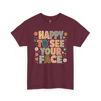 Maroon TEEZOCA Happy to See Your Face retro shirt, the kind of teacher tee found on Amazon and Etsy for back to school.
