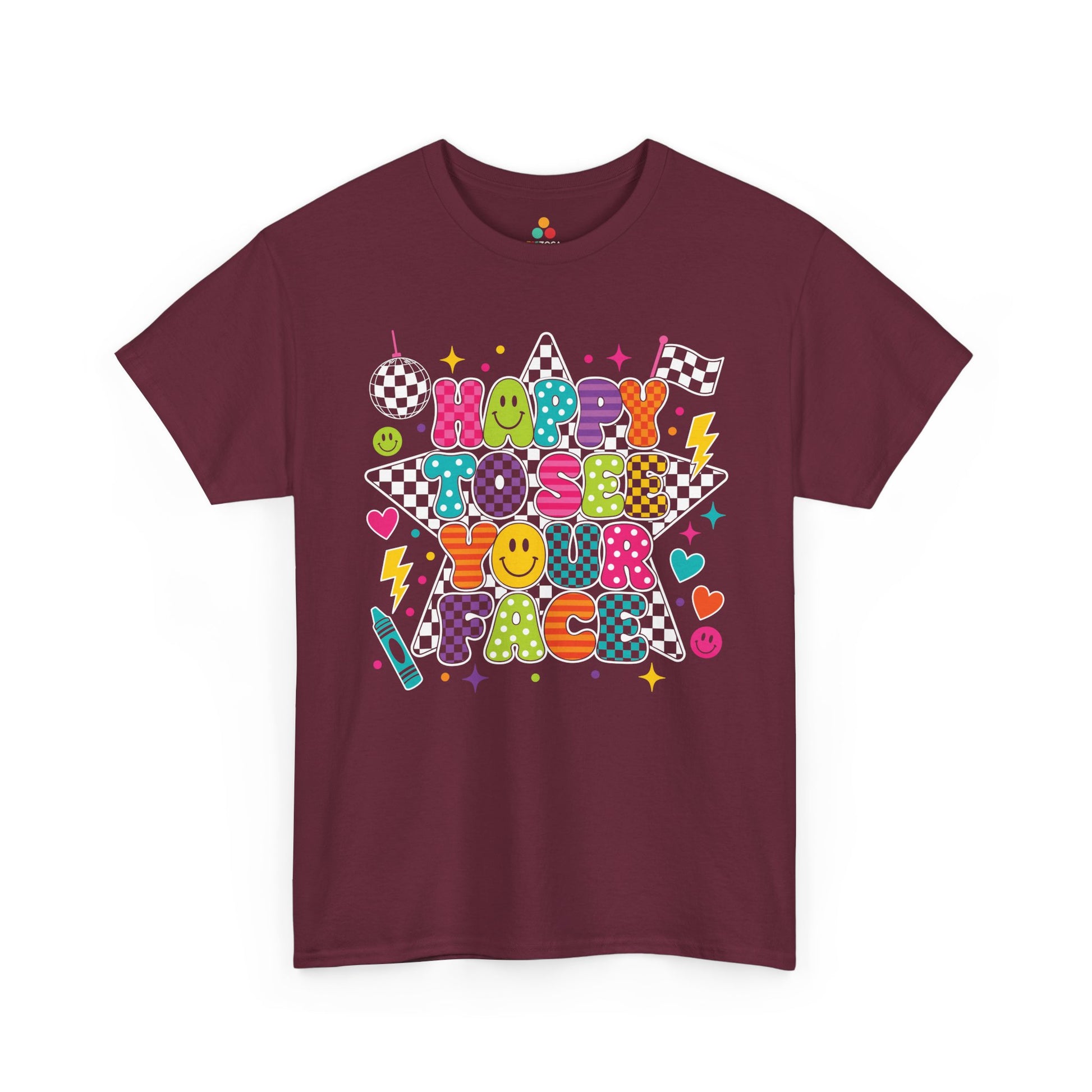 Maroon TEEZOCA Happy to See Your Face shirt with colorful patterned lettering, a cute teacher back to school tee for the new school year.

