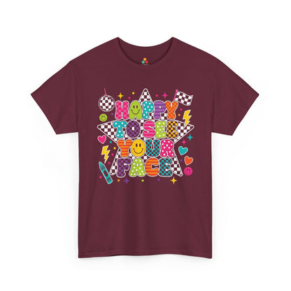 Maroon TEEZOCA Happy to See Your Face shirt with colorful patterned lettering, a cute teacher back to school tee for the new school year.
