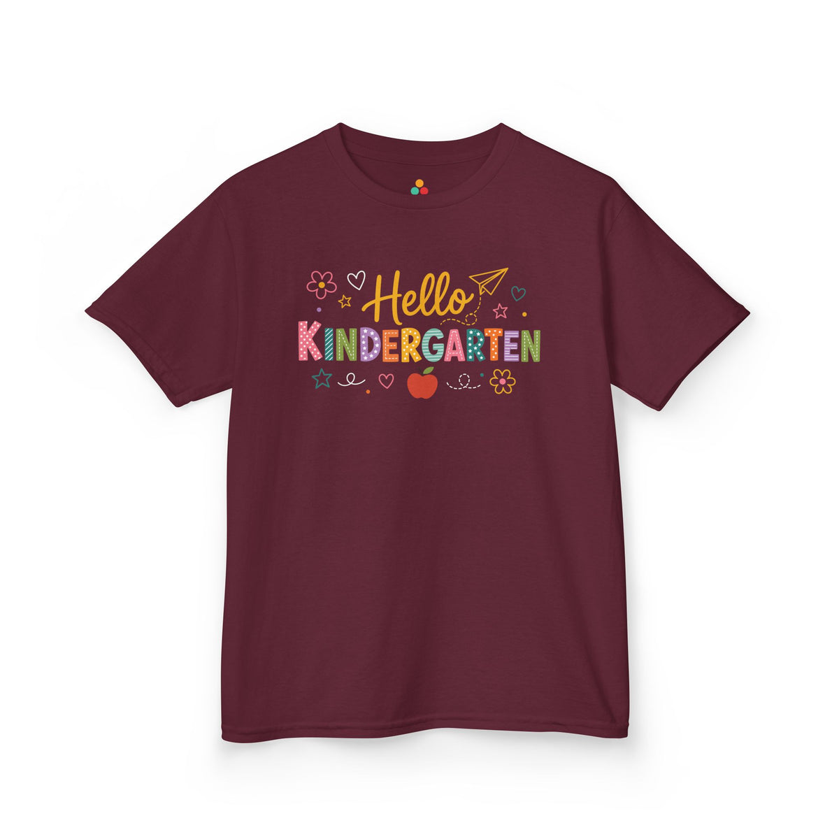 Maroon TEEZOCA Hello Kindergarten kids shirt with colorful lettering, a first day of kindergarten tee.
