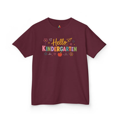 Maroon TEEZOCA Hello Kindergarten kids shirt with colorful lettering, a first day of kindergarten tee.
