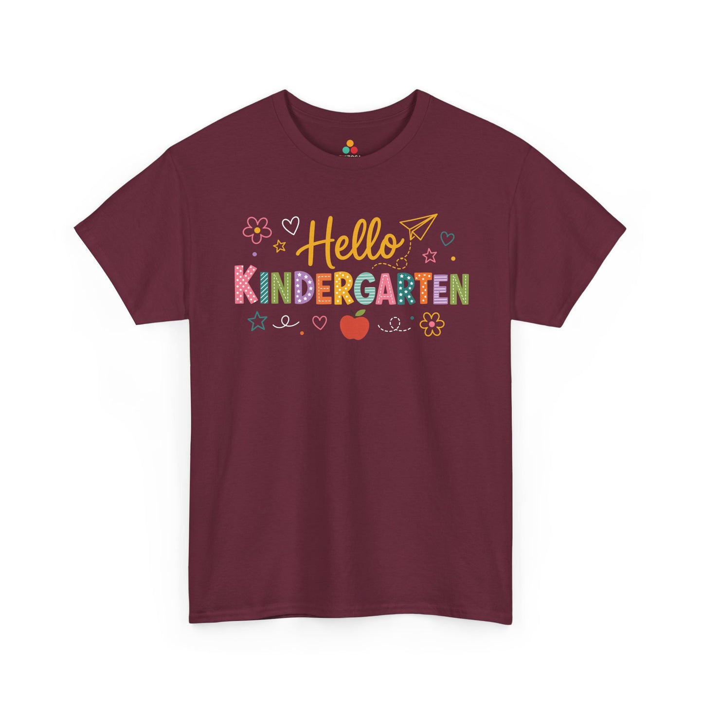 Maroon TEEZOCA Hello Kindergarten shirt with colorful lettering, a cute teacher back to school tee for the new school year.
