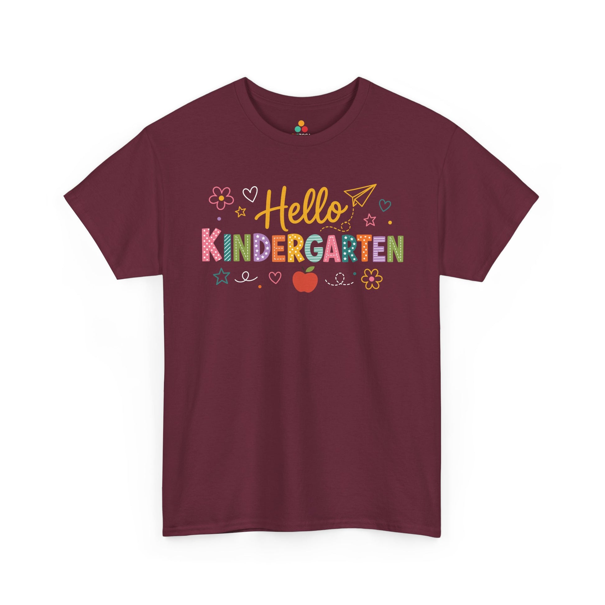 Maroon TEEZOCA Hello Kindergarten shirt with colorful lettering, a cute teacher back to school tee for the new school year.

