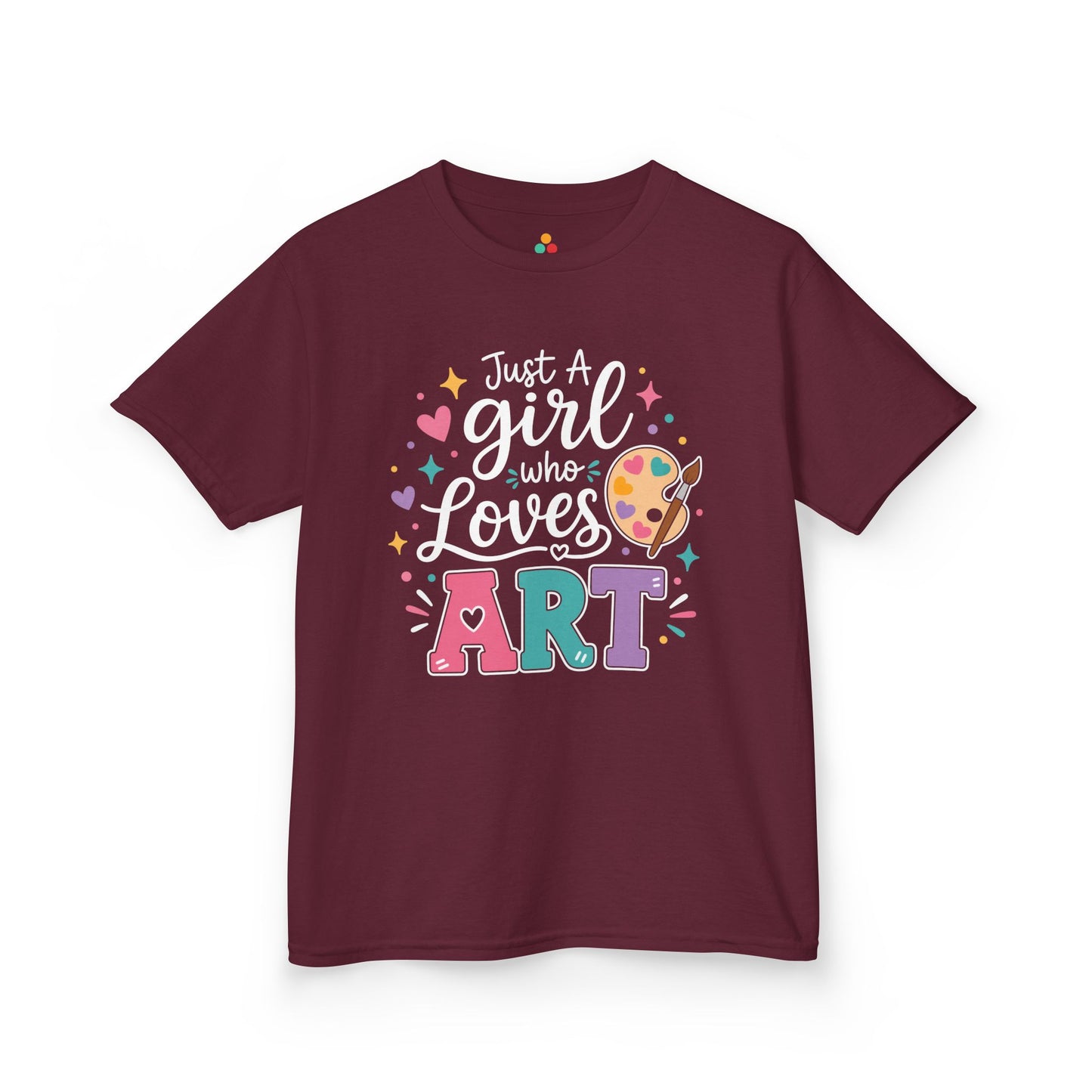 Maroon TEEZOCA Just a Girl Who Loves Art kids shirt with a paint palette design, a cute girls art tee for the new school year.
