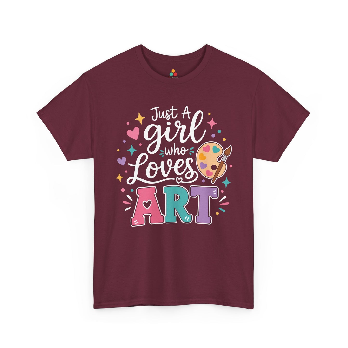 Maroon TEEZOCA Just a Girl Who Loves Art shirt with a paint palette design, a cute art teacher tee for the new school year.

