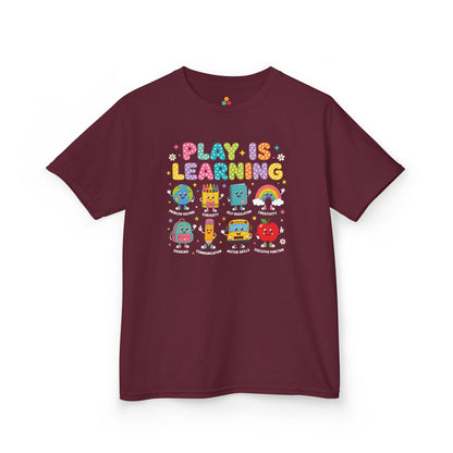 Maroon TEEZOCA Play Is Learning kids shirt with playful school characters, a cute back to school tee for the new school year.
