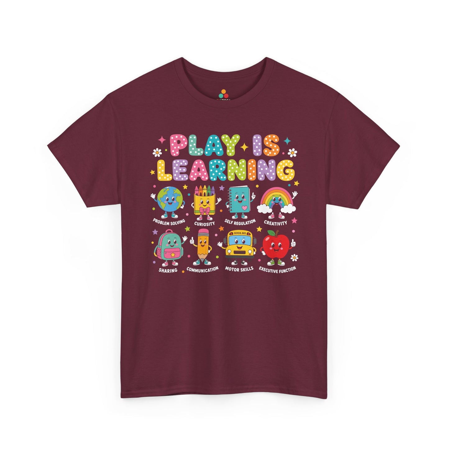 Maroon TEEZOCA Play Is Learning shirt with playful school characters, a cute teacher back to school tee for the new school year.
