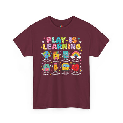 Maroon TEEZOCA Play Is Learning shirt with playful school characters, a cute teacher back to school tee for the new school year.
