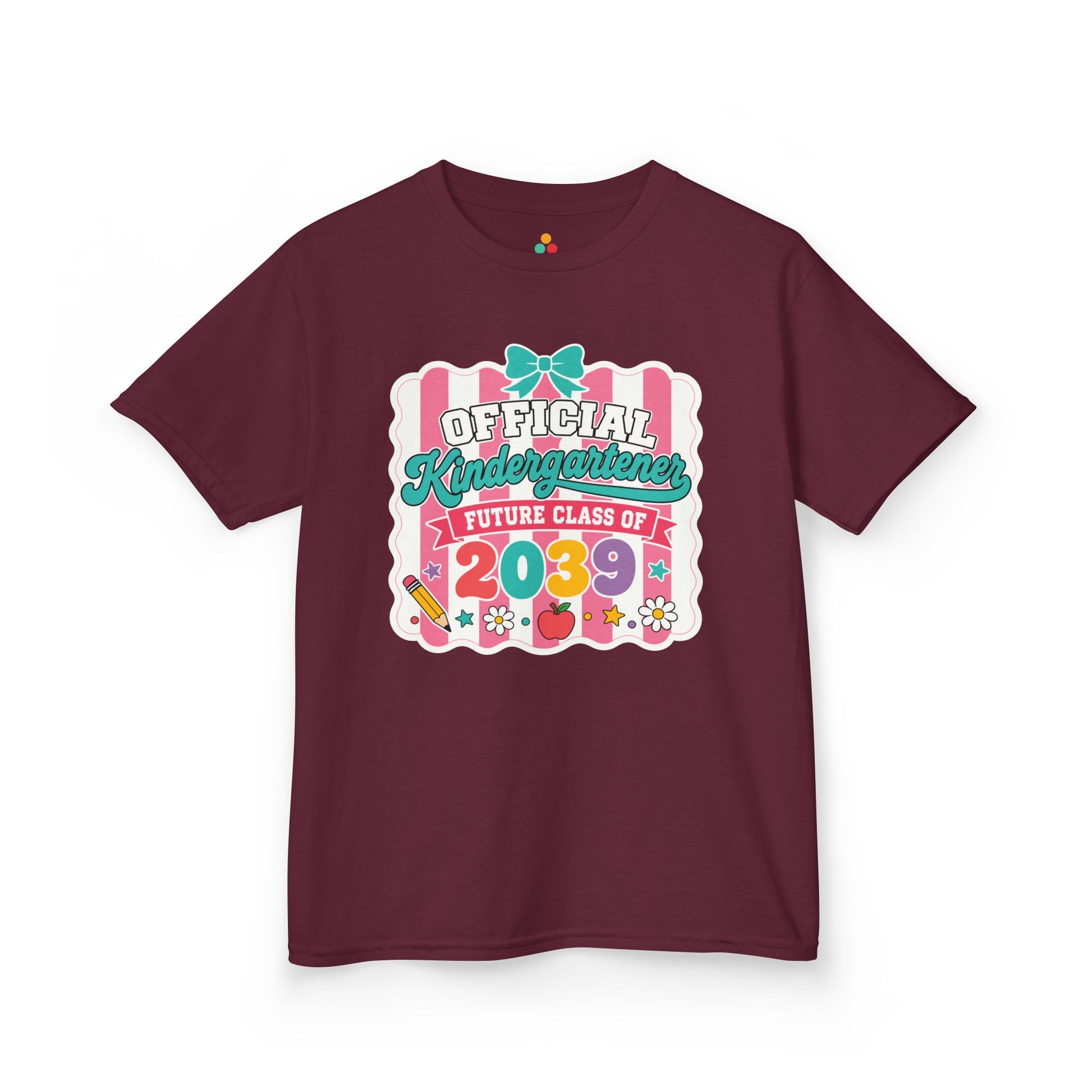 Maroon TEEZOCA coquette Official Kindergartener Future Class of 2039 kids shirt, the kind of keepsake tee parents find on Amazon and Etsy.
