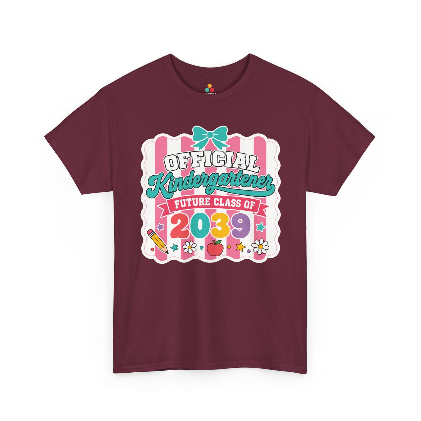 Maroon TEEZOCA coquette Official Kindergartener Future Class of 2039 shirt, the kind of keepsake tee found on Amazon and Etsy for back to school.
