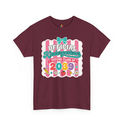 Maroon TEEZOCA coquette Official Kindergartener Future Class of 2039 shirt, the kind of keepsake tee found on Amazon and Etsy for back to school.
