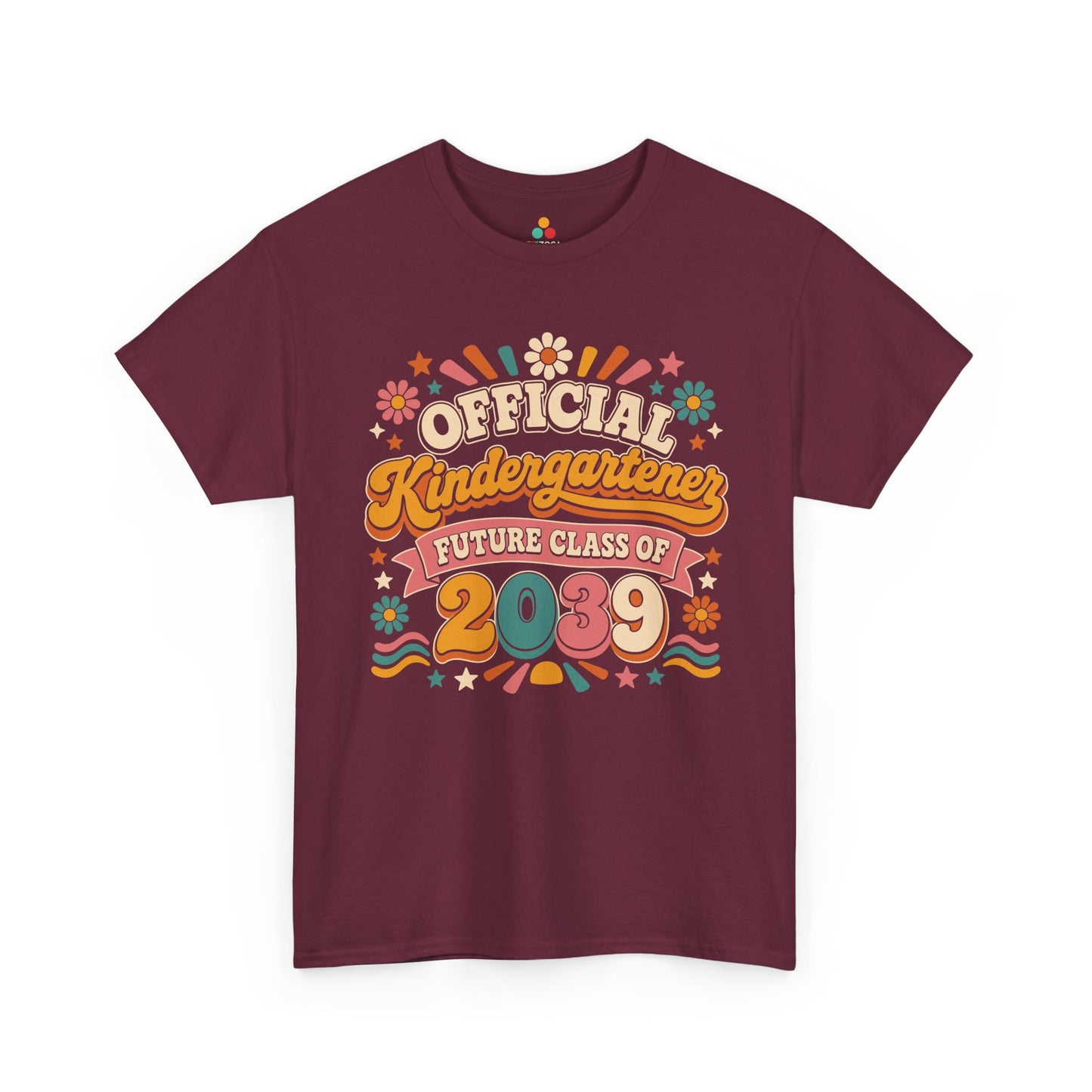 Maroon TEEZOCA retro Official Kindergartener Future Class of 2039 shirt, the kind of keepsake tee found on Amazon and Etsy for back to school.
