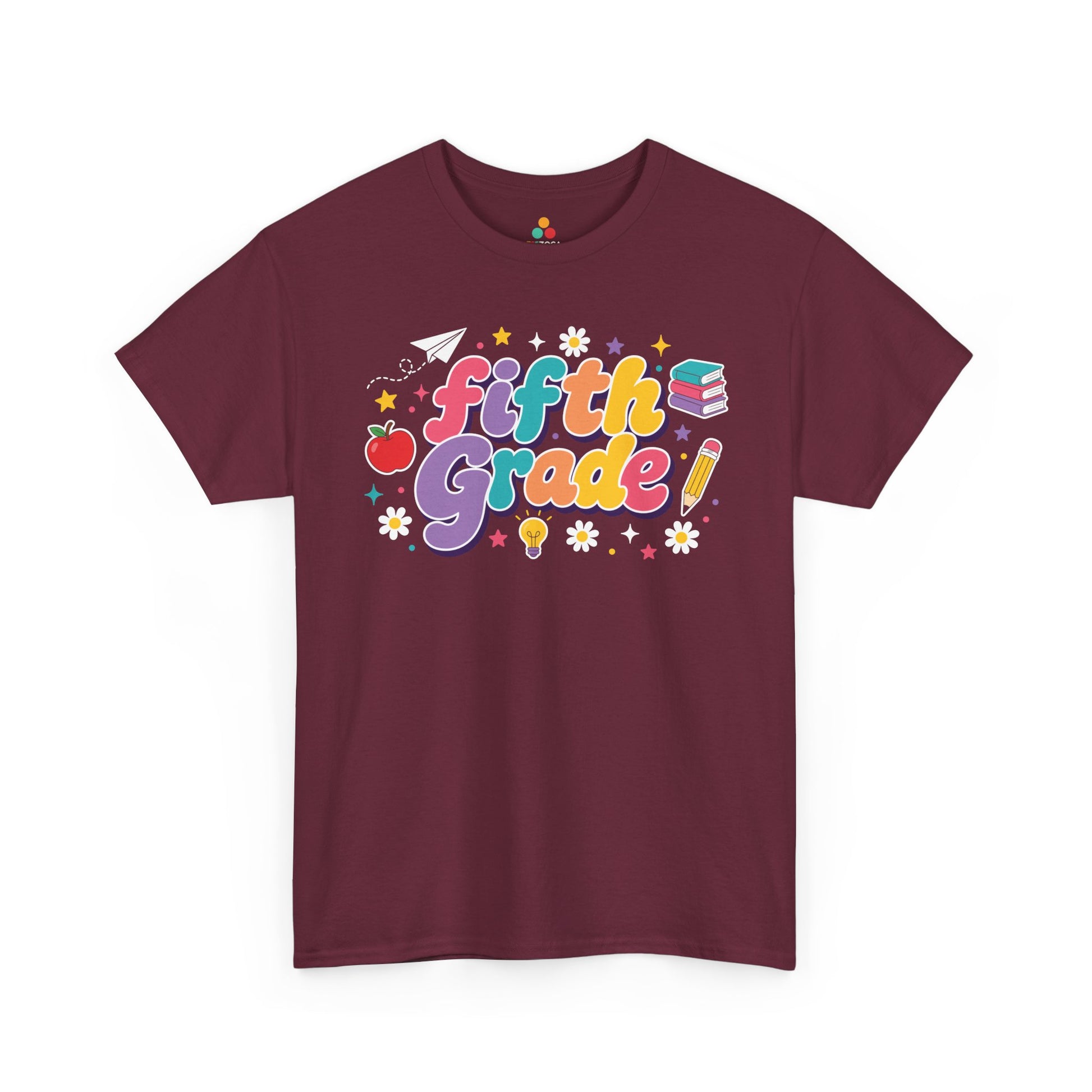 Maroon t-shirt with 'Fifth Grade!' text and educational graphics on a white background. TEEZOCA t-shirt pairs bold “Fifth Grade” text with an apple, books, a pencil, and a light bulb for matching fifth grade teacher squad shirts.