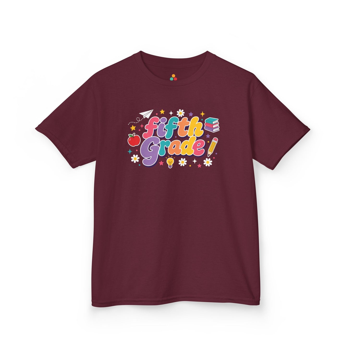 Maroon t-shirt with 'Fifth grade!' design on a white background. TEEZOCA t-shirt designed as a cheerful back to school shirt kids can wear for fifth-grade photos and classroom drop-off.