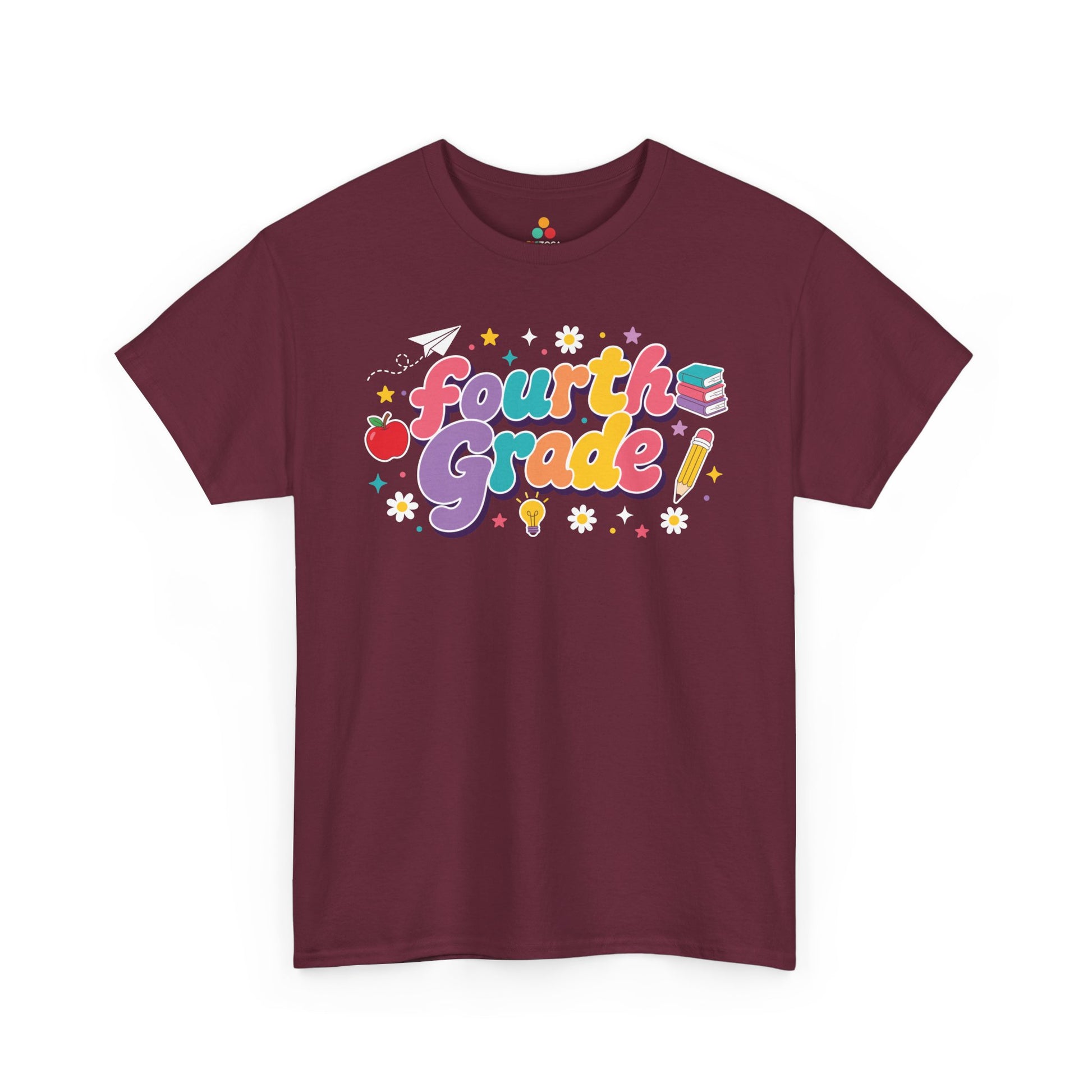 Maroon t-shirt with 'Fourth Grade!' text and graphics on a white background. TEEZOCA t-shirt pairs bold “Fourth Grade” text with an apple, books, a pencil, and a light bulb for matching fourth grade teacher squad shirts.