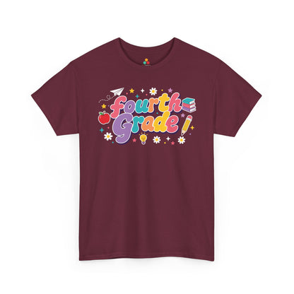 Maroon t-shirt with 'Fourth Grade!' text and graphics on a white background. TEEZOCA t-shirt pairs bold “Fourth Grade” text with an apple, books, a pencil, and a light bulb for matching fourth grade teacher squad shirts.