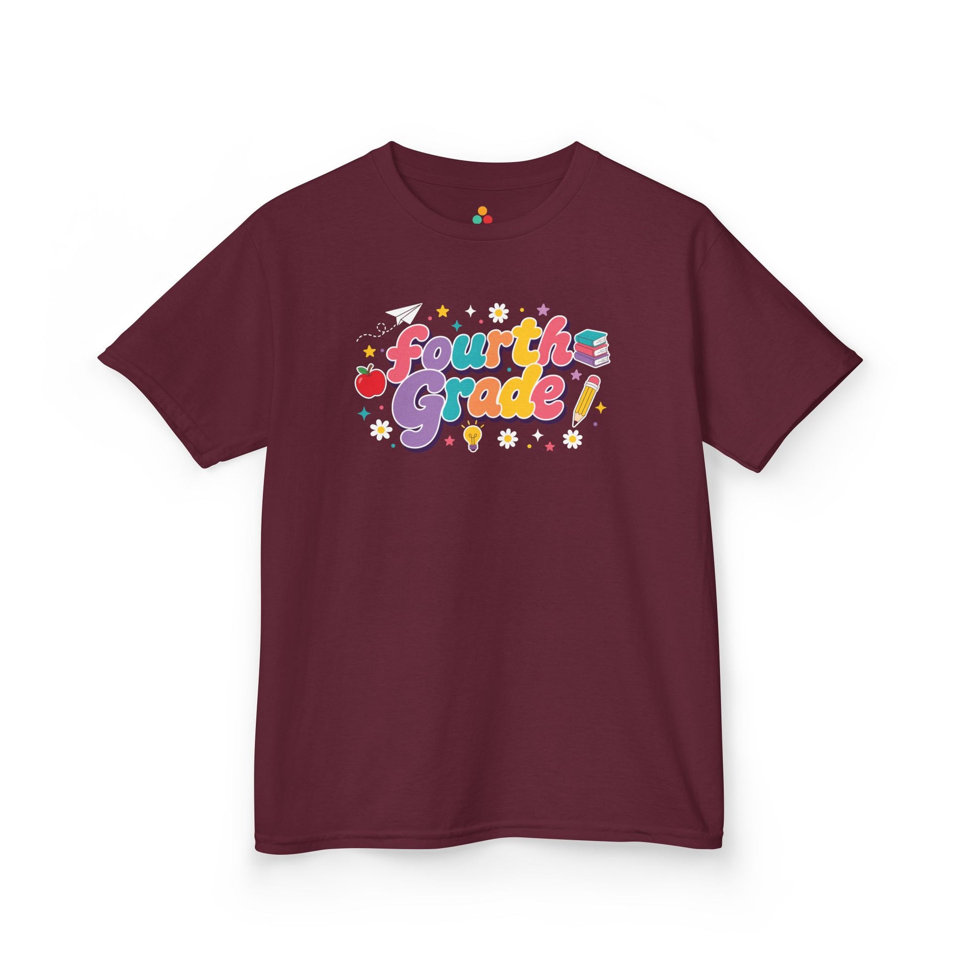 Maroon t-shirt with 'Fourth Grade!' text on a white background. TEEZOCA t-shirt designed as a cheerful back to school shirt kids can wear for fourth-grade photos and classroom drop-off.