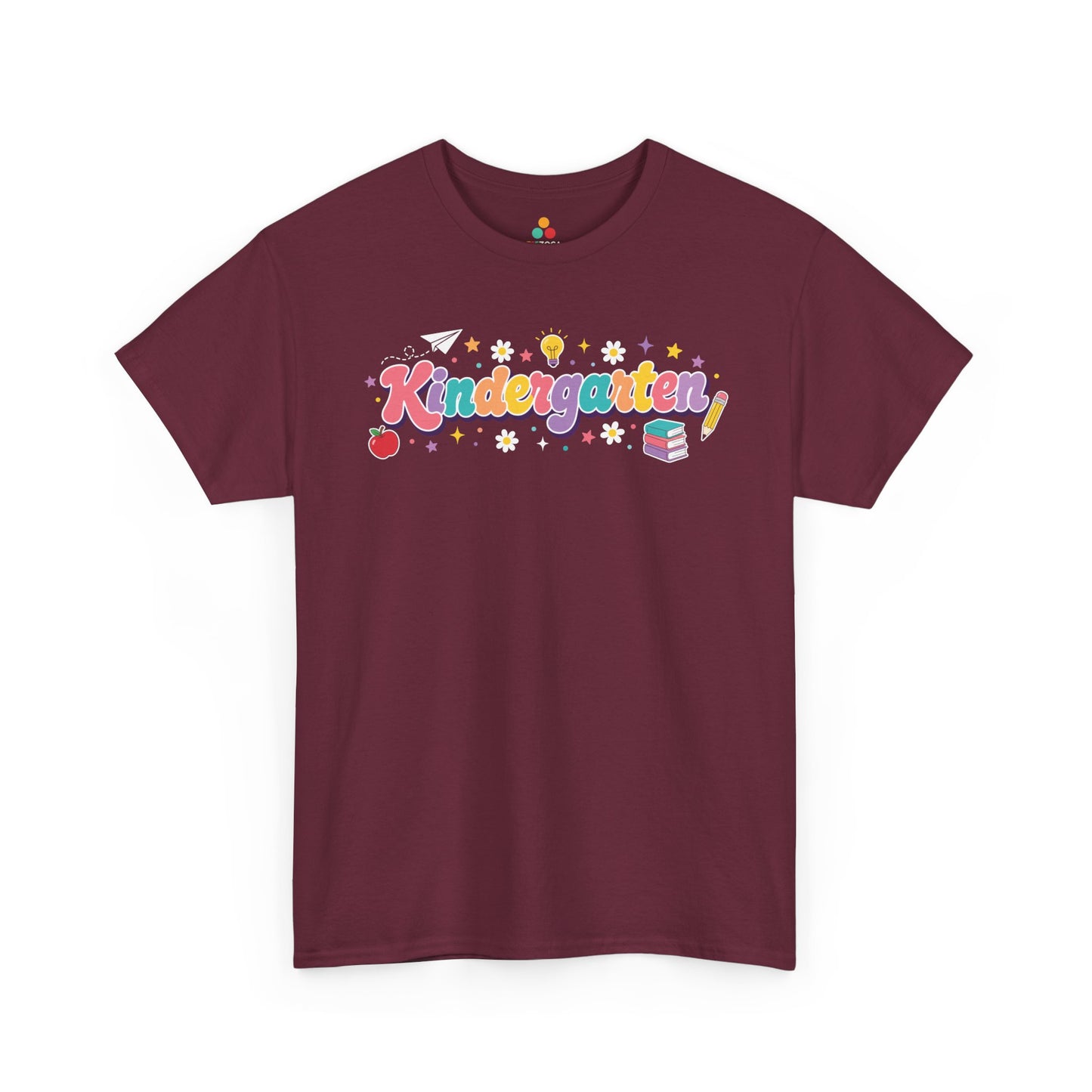 Maroon t-shirt with 'Kindergarten' design on a white background. TEEZOCA t-shirt displays coral, teal, yellow, peach, and lavender “Kindergarten” lettering for matching kindergarten teacher squad shirts.