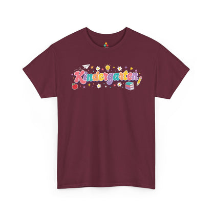 Maroon t-shirt with 'Kindergarten' design on a white background. TEEZOCA t-shirt displays coral, teal, yellow, peach, and lavender “Kindergarten” lettering for matching kindergarten teacher squad shirts.