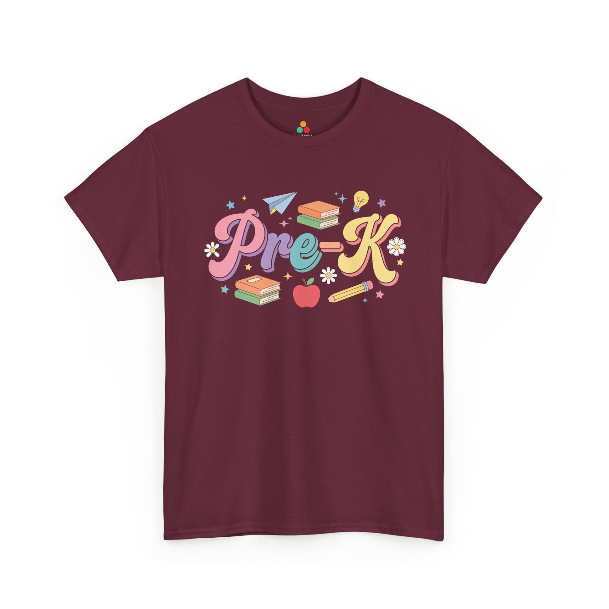 Maroon t-shirt with 'Pre-K' design on a white background. Created for coordinated early-learning teams, this TEEZOCA t-shirt uses soft retro lettering and stars for a set of pre-k teacher squad shirts.