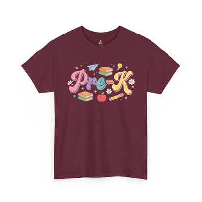Maroon t-shirt with 'Pre-K' design on a white background. Created for coordinated early-learning teams, this TEEZOCA t-shirt uses soft retro lettering and stars for a set of pre-k teacher squad shirts.