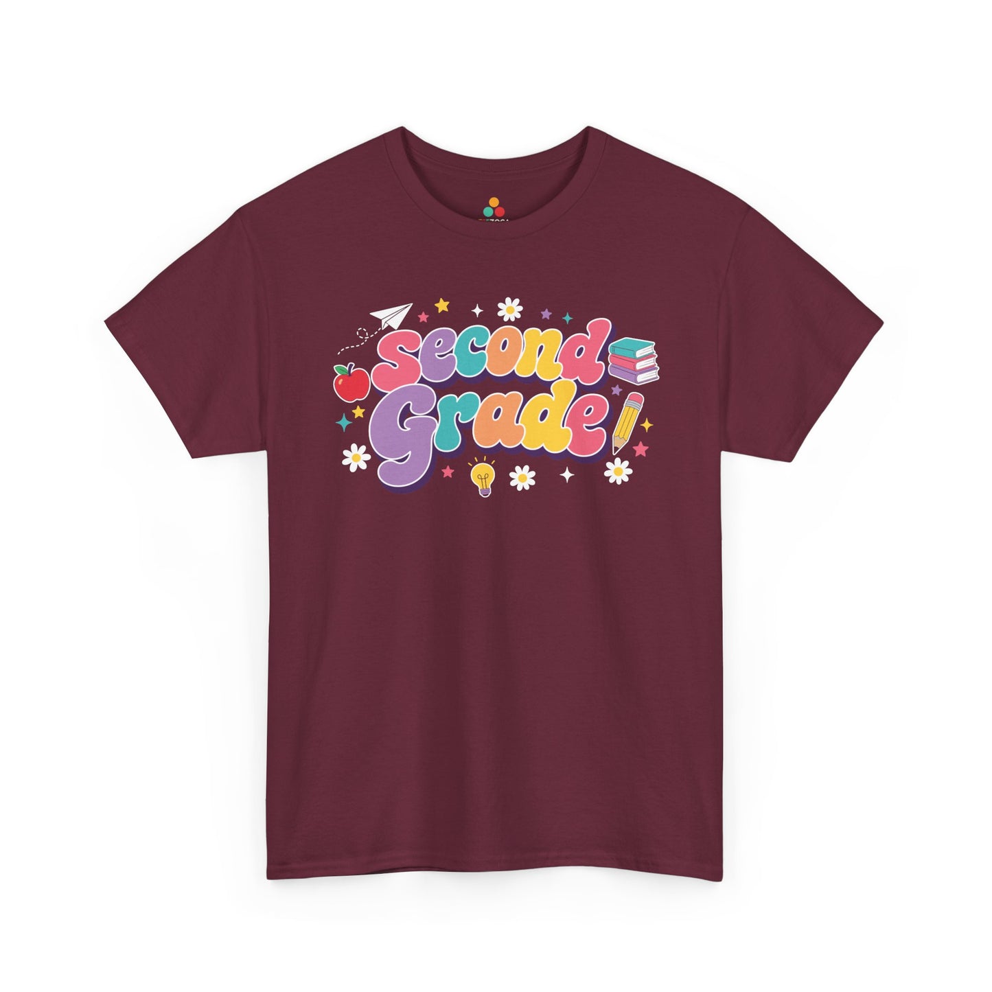 Maroon t-shirt with 'Second Grade!' text on a white background. TEEZOCA t-shirt featuring oversized retro “Second Grade” bubble lettering, deep purple shadows, school icons, and colorful stars for a second grade teacher shirt.
