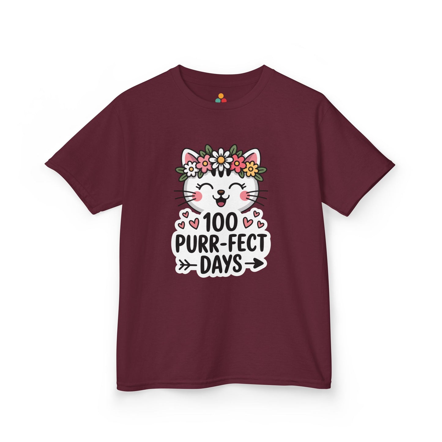 Maroon t-shirt with a cat graphic and '100 Purr-fect Days' text on a white background. Perfect for girls on 100 days of school celebration