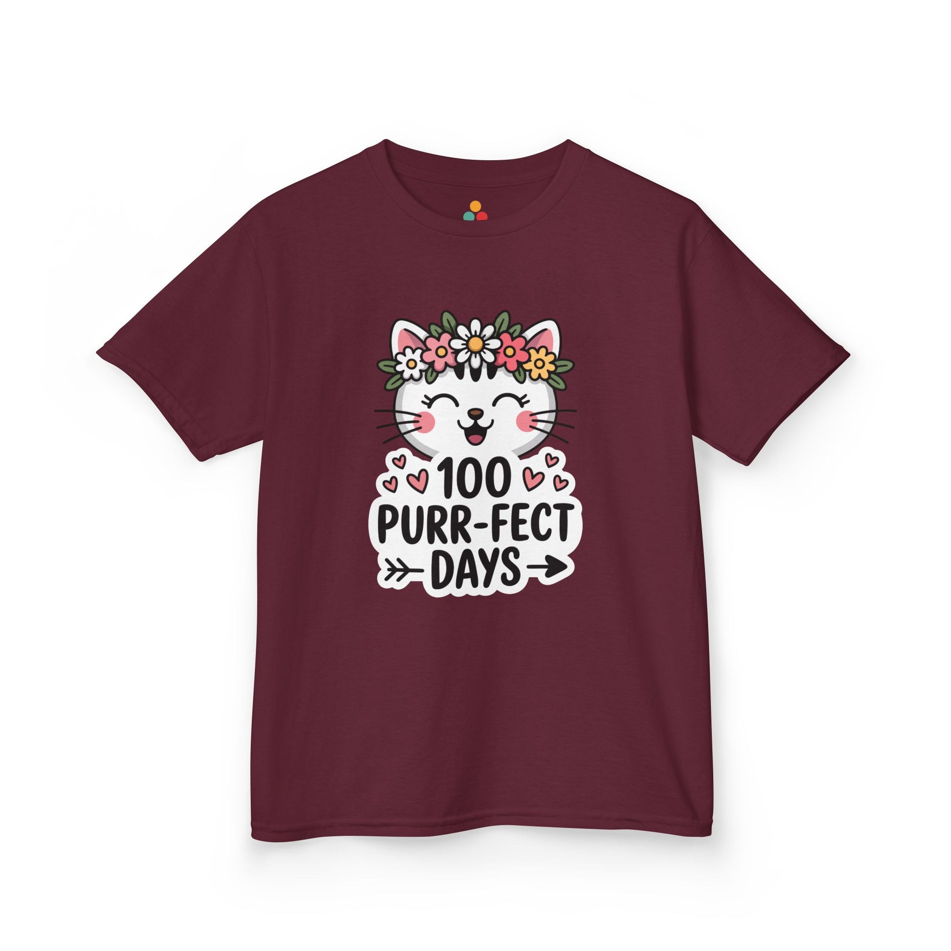 Maroon t-shirt with a cat graphic and '100 Purr-fect Days' text on a white background. Perfect for girls on 100 days of school celebration