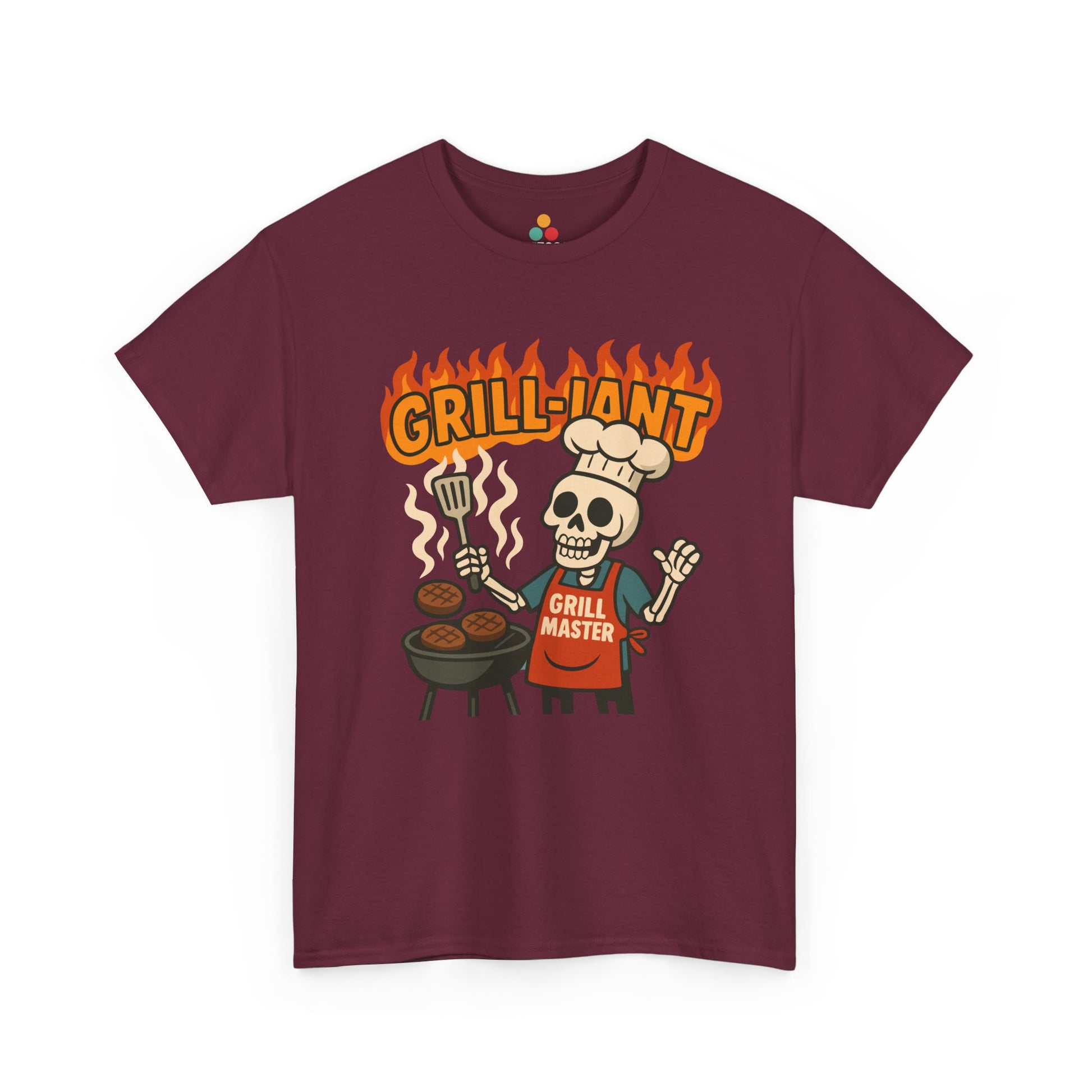 Maroon t-shirt with a skull graphic and 'GRILL-ANT' text on a white background