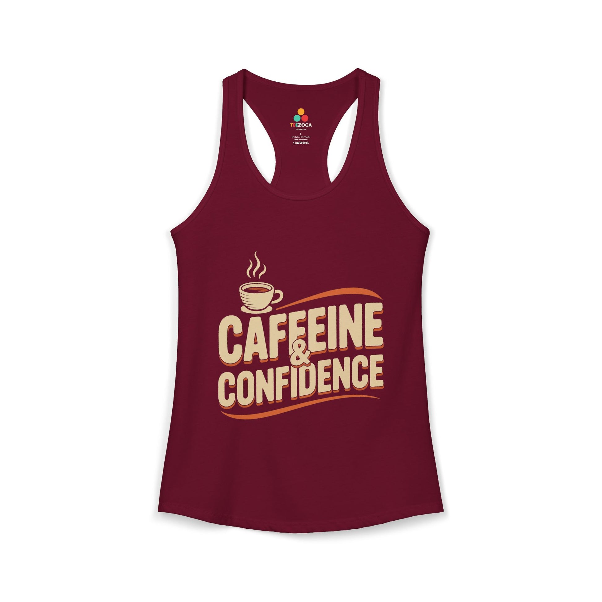Maroon tank top with 'CAFFEINE & CONFIDENCE' text and coffee cup graphic on a white background. TEEZOCA women’s coffee tank top with “Caffeine & Confidence” typography and coffee cup design