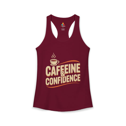 Maroon tank top with 'CAFFEINE & CONFIDENCE' text and coffee cup graphic on a white background. TEEZOCA women’s coffee tank top with “Caffeine & Confidence” typography and coffee cup design