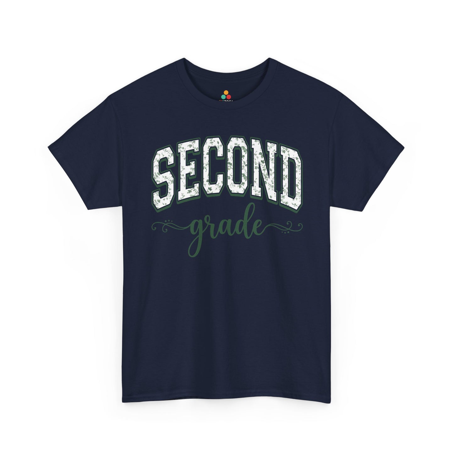 Matching navy second grade shirt by TEEZOCA in sage florals, worn by an adult alongside a new second grader on the first day of school.
