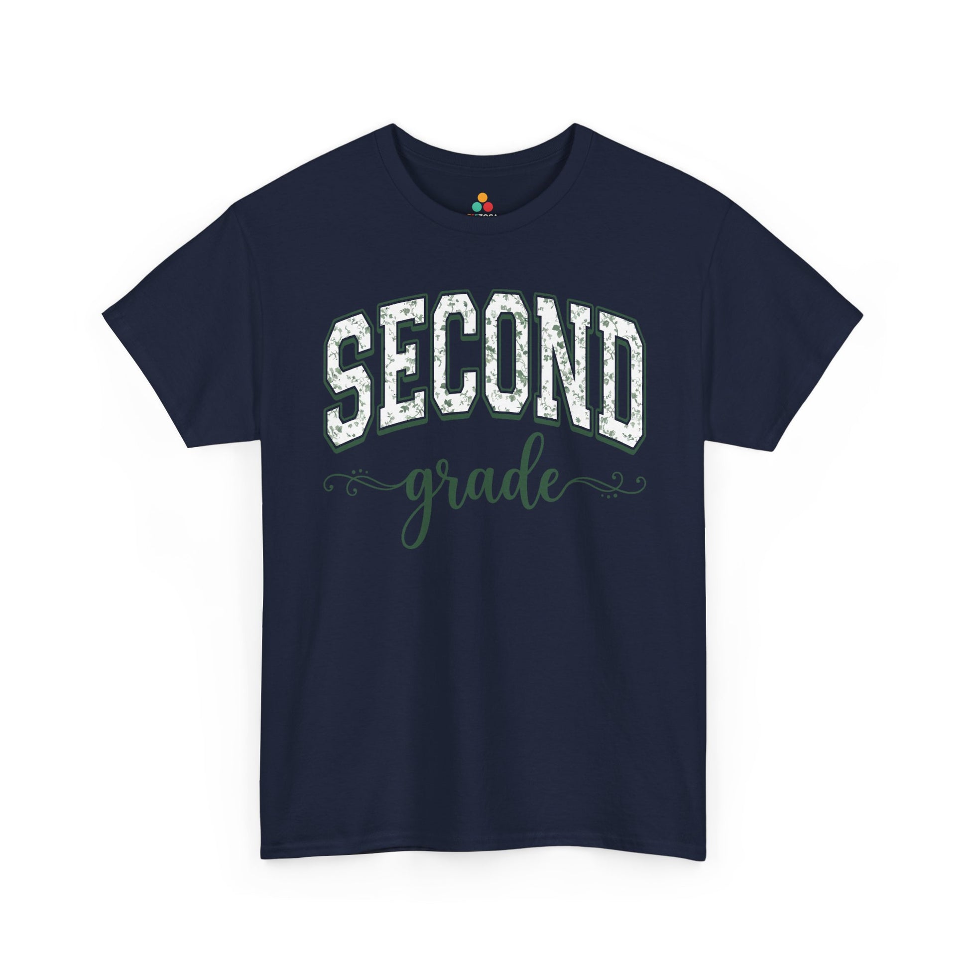 Matching navy second grade shirt by TEEZOCA in sage florals, worn by an adult alongside a new second grader on the first day of school.

