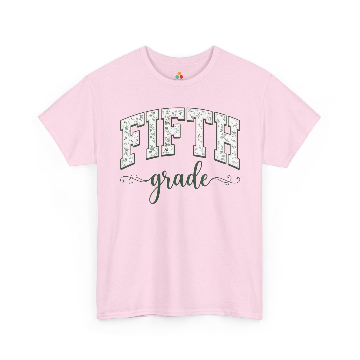 Matching pink fifth grade shirt by TEEZOCA in sage florals, worn by an adult alongside a new fifth grader on the first day of school.
