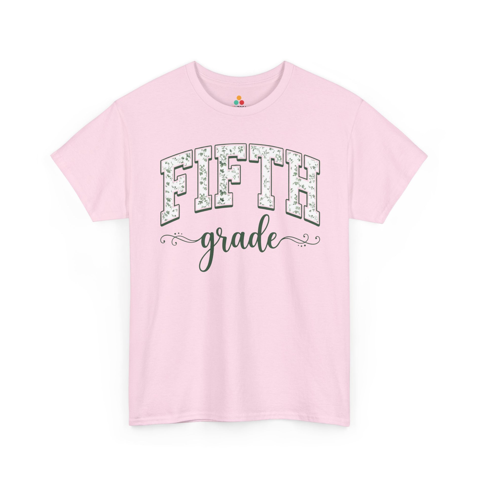 Matching pink fifth grade shirt by TEEZOCA in sage florals, worn by an adult alongside a new fifth grader on the first day of school.
