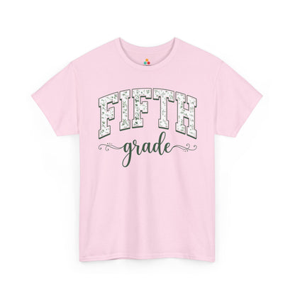 Matching pink fifth grade shirt by TEEZOCA in sage florals, worn by an adult alongside a new fifth grader on the first day of school.
